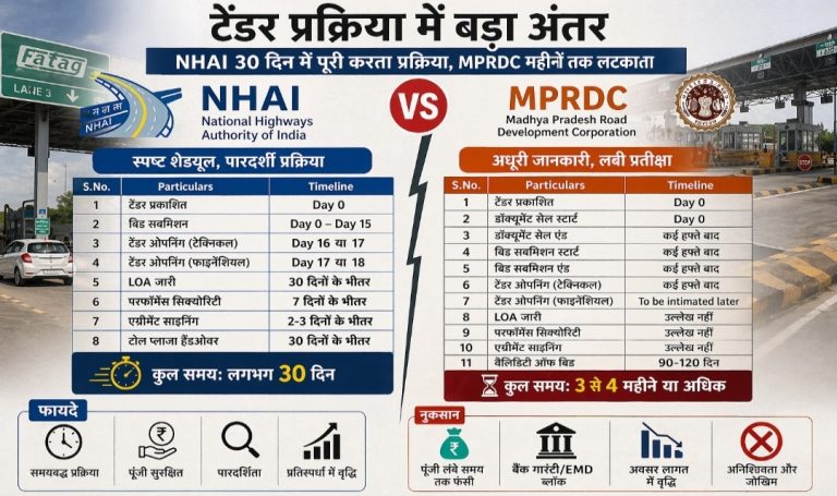 टेंडर प्रक्रिया में बड़ा अंतर: NHAI 30 दिन में पूरी करता प्रक्रिया, MPRDC महीनों तक लटकाता-ठेकेदारों का आरोप, पारदर्शिता पर सवाल